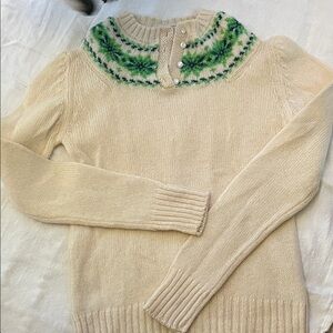 Vintage Aston 100% Shetland New Wool Cream Sweater with Green Yoke Design